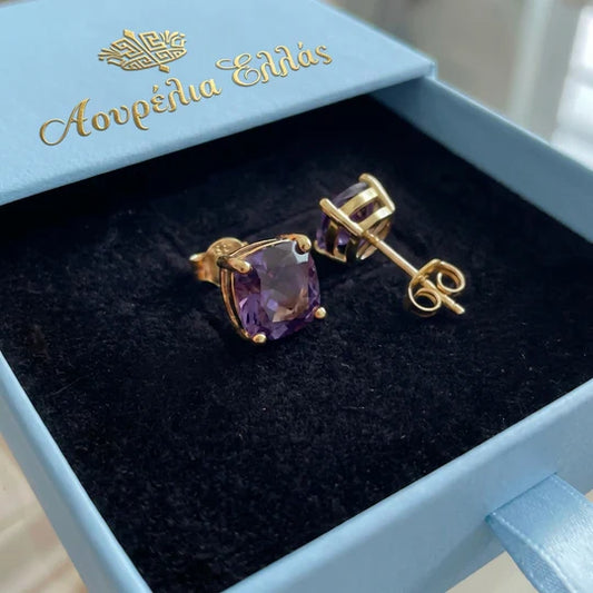 Gold Amethyst Square Earrings